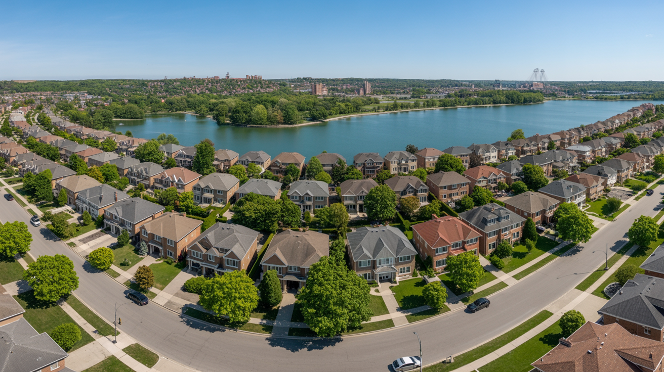 Aerial panoramic view of Sandringham-Wellington neighborhood in Brampton